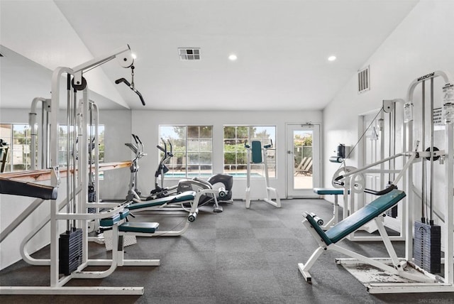 gym with lofted ceiling