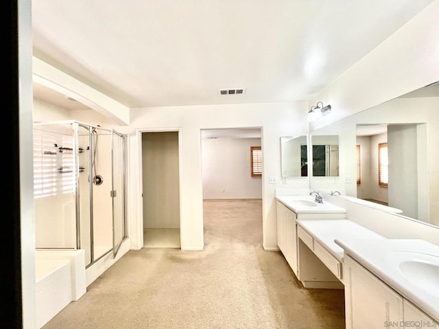 bathroom featuring vanity, a healthy amount of sunlight, and a shower with shower door