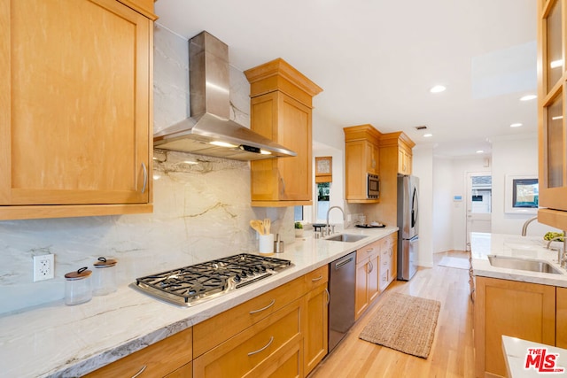 kitchen with wall chimney exhaust hood, sink, light hardwood / wood-style floors, and appliances with stainless steel finishes