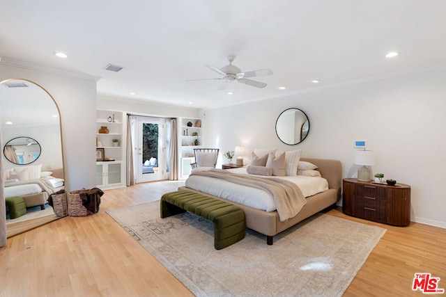 bedroom with ornamental molding, light wood-type flooring, ceiling fan, and access to outside