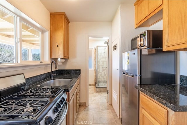 kitchen with sink, stainless steel appliances, and dark stone countertops