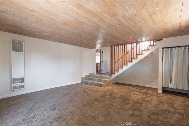 basement with carpet and wooden ceiling