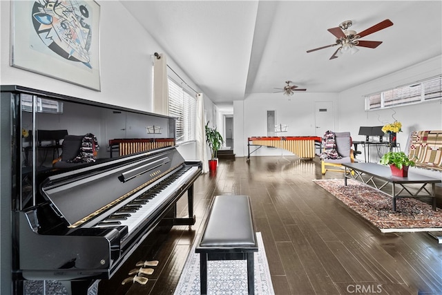 miscellaneous room featuring dark wood-type flooring and ceiling fan