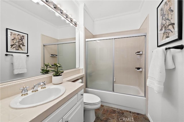 full bathroom with shower / bath combination with glass door, vanity, ornamental molding, and toilet