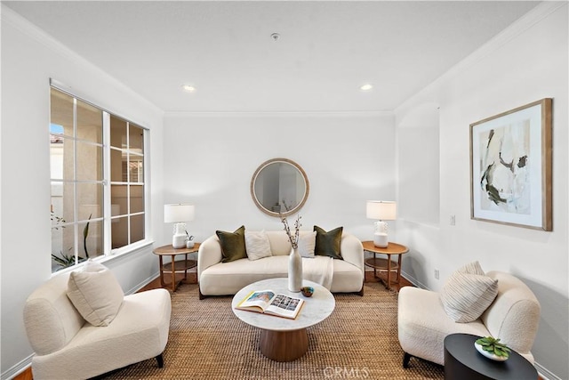 living room featuring crown molding