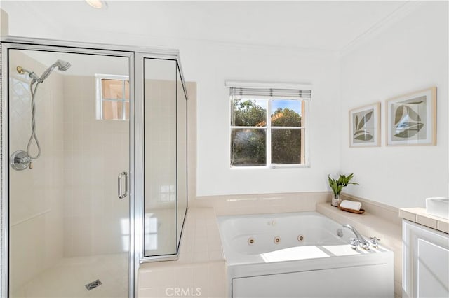 bathroom with vanity, shower with separate bathtub, and crown molding