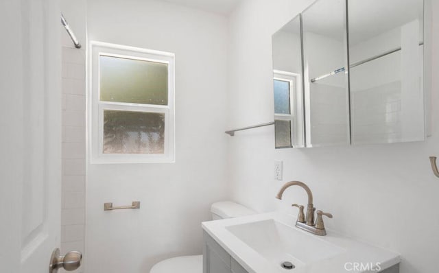 bathroom featuring a shower, toilet, and vanity