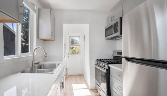 kitchen with sink, gray cabinets, light wood-type flooring, and appliances with stainless steel finishes