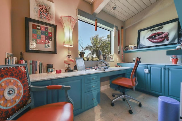 home office with wood ceiling, beamed ceiling, and built in desk