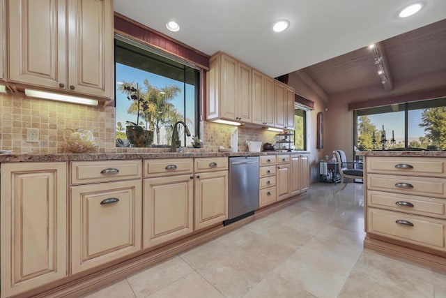 kitchen with track lighting, sink, backsplash, vaulted ceiling, and stainless steel dishwasher