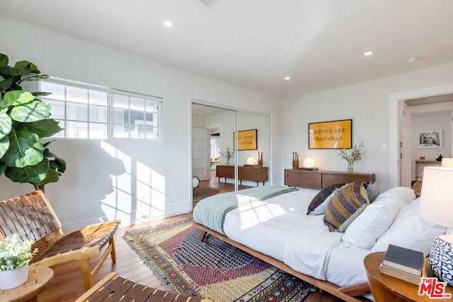 bedroom with wood-type flooring and a closet