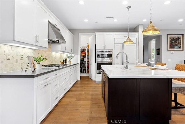 kitchen with appliances with stainless steel finishes, decorative light fixtures, white cabinetry, an island with sink, and decorative backsplash