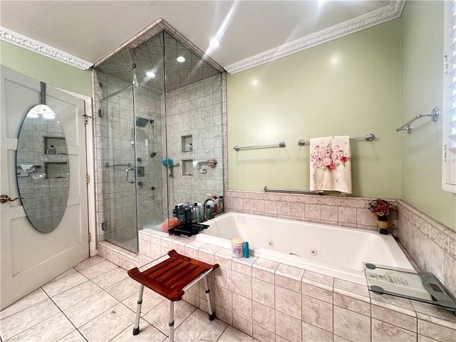 bathroom featuring ornamental molding, shower with separate bathtub, and tile patterned floors