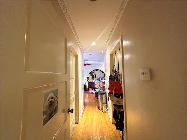 hallway with light hardwood / wood-style floors and ornamental molding