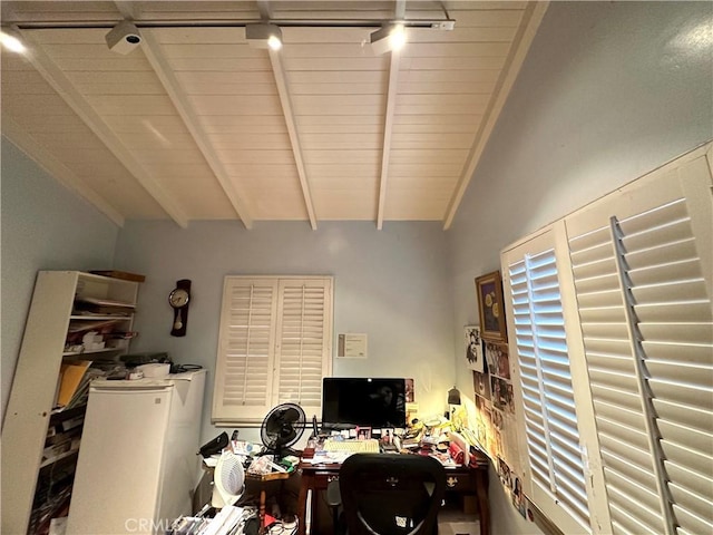 home office featuring wooden ceiling and beamed ceiling