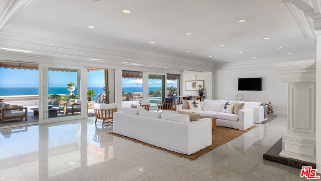 living room featuring a water view