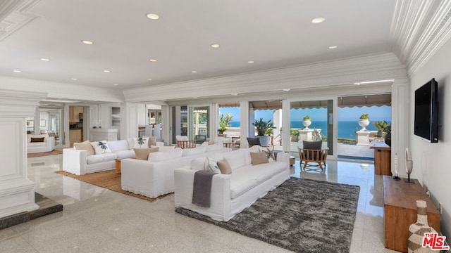 living room featuring crown molding