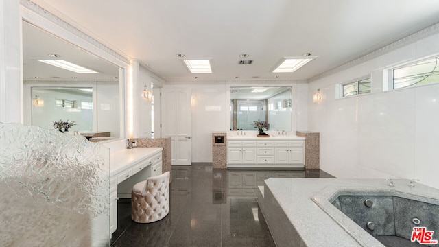 bathroom featuring a bath, tile walls, and vanity