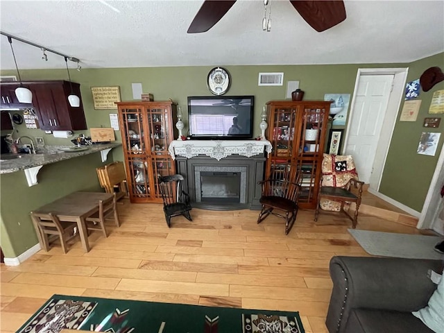 living room featuring ceiling fan and light hardwood / wood-style flooring