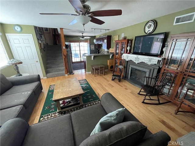 living room featuring light hardwood / wood-style floors and rail lighting