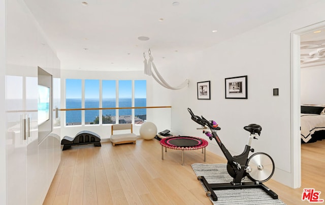 workout area featuring light hardwood / wood-style floors and a water view