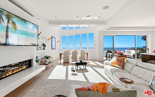 living room with hardwood / wood-style flooring, a water view, and a fireplace