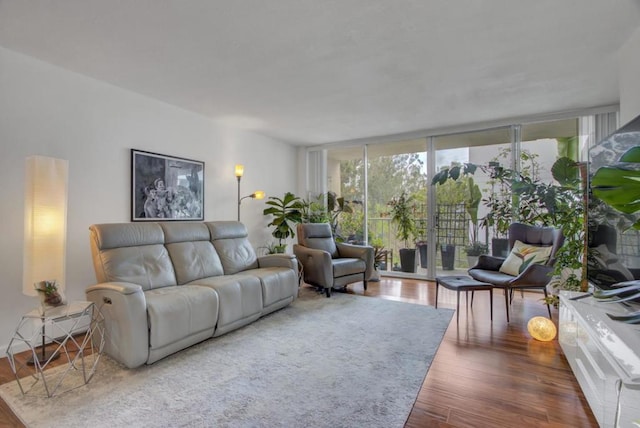 living room featuring dark hardwood / wood-style flooring and a wall of windows