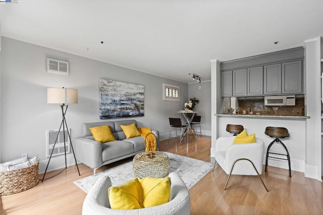 living room with light hardwood / wood-style floors and heating unit