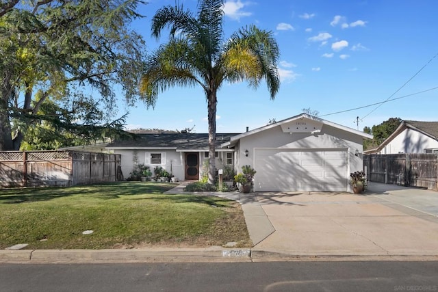 single story home with a front yard and a garage