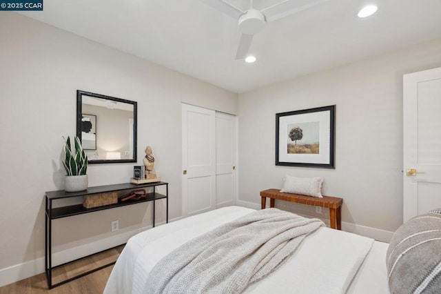 bedroom featuring ceiling fan, wood-type flooring, and a closet