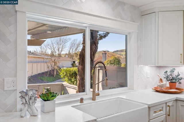 interior details featuring white cabinetry and sink