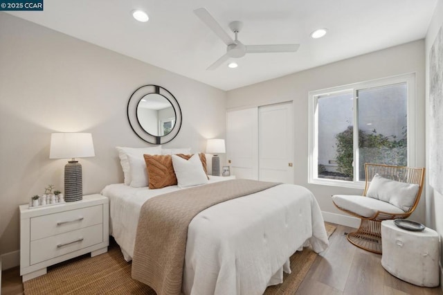 bedroom featuring multiple windows, ceiling fan, wood-type flooring, and a closet