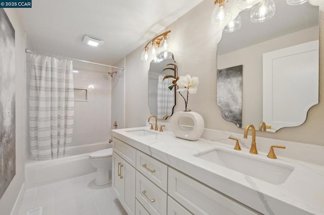 full bathroom with tile patterned flooring, vanity, shower / tub combo with curtain, and toilet