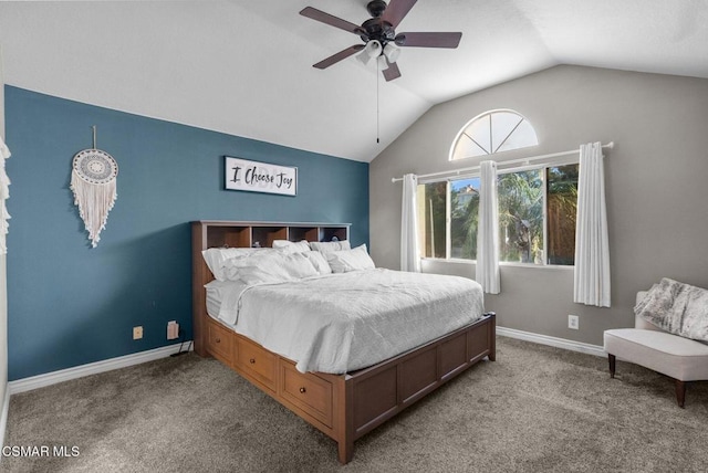 bedroom featuring ceiling fan, light colored carpet, and vaulted ceiling