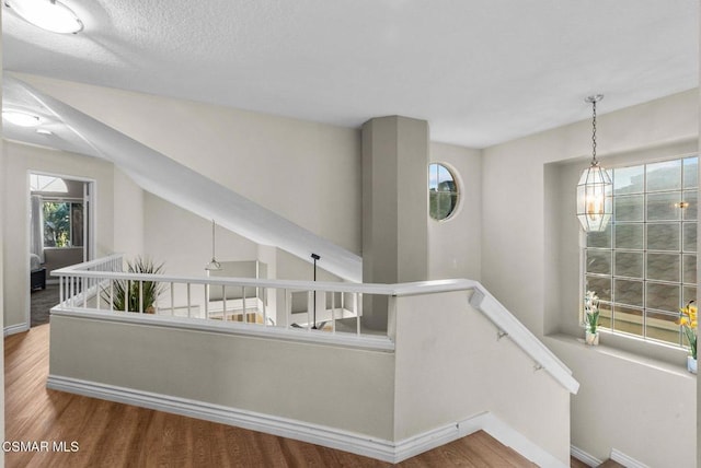 stairs featuring hardwood / wood-style flooring and a textured ceiling