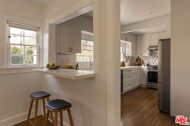 kitchen featuring dark hardwood / wood-style flooring, appliances with stainless steel finishes, white cabinetry, decorative backsplash, and a breakfast bar area