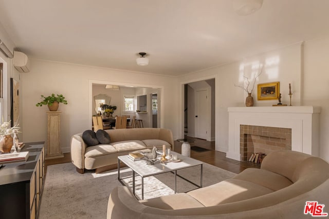 living room featuring wood-type flooring and a wall unit AC