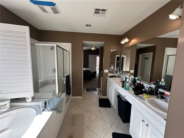 bathroom featuring vanity, tile patterned floors, independent shower and bath, and ceiling fan