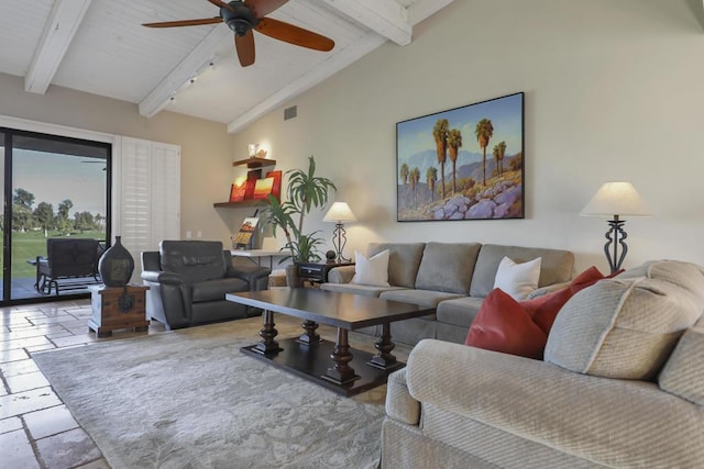 living room with rail lighting, wooden ceiling, vaulted ceiling with beams, and ceiling fan