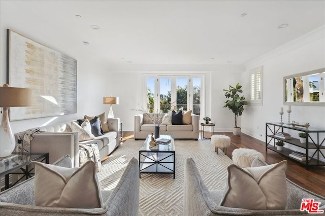 living room featuring hardwood / wood-style floors and ornamental molding