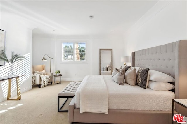 bedroom featuring carpet floors and ornamental molding