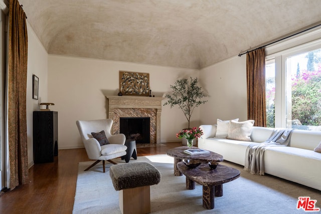 living room featuring lofted ceiling, wood-type flooring, and a high end fireplace