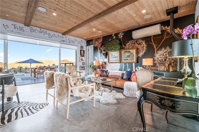 living room with an AC wall unit, a mountain view, wooden ceiling, beam ceiling, and concrete flooring