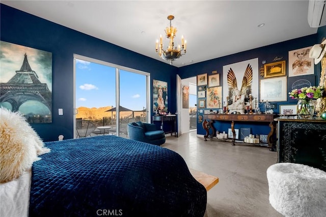 bedroom featuring an inviting chandelier and access to exterior