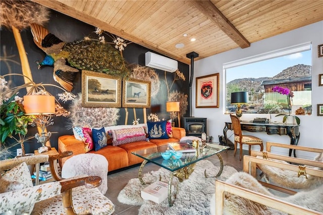 living room featuring wood ceiling, a wood stove, beamed ceiling, and an AC wall unit