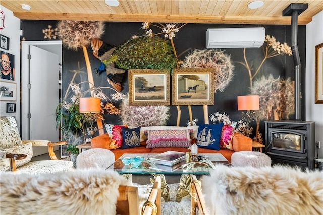 living room featuring wood ceiling, a wood stove, and a wall mounted AC