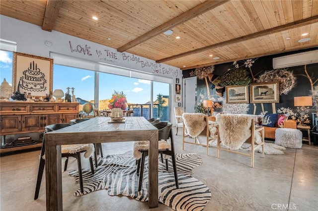 dining space with wooden ceiling, beam ceiling, and a wall unit AC