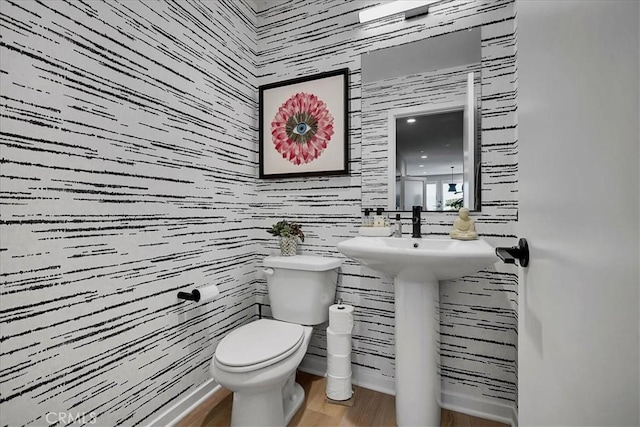 bathroom with hardwood / wood-style flooring and toilet