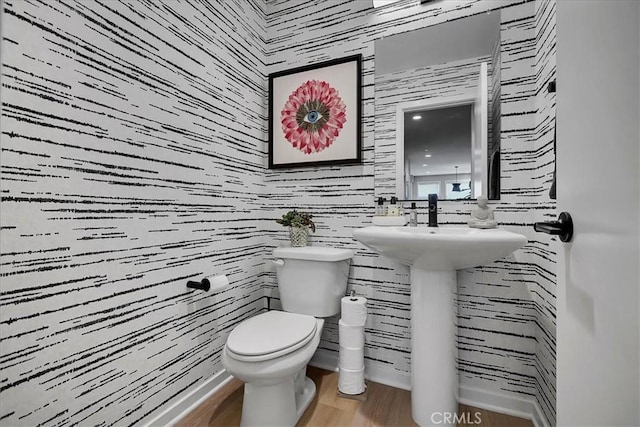 bathroom featuring wood-type flooring and toilet