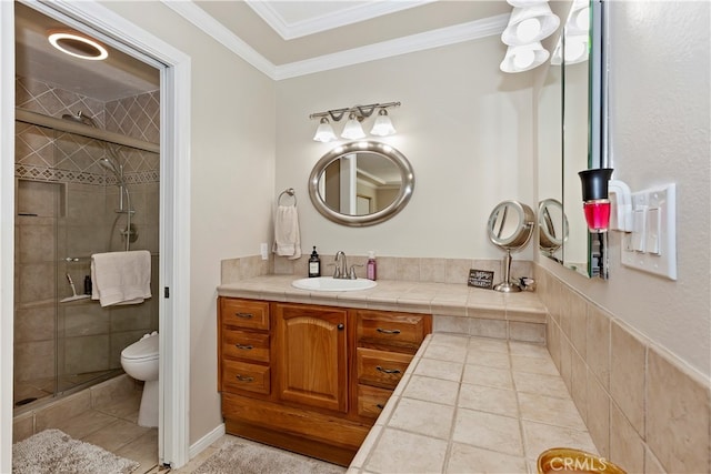 bathroom with toilet, an enclosed shower, tile patterned floors, ornamental molding, and vanity